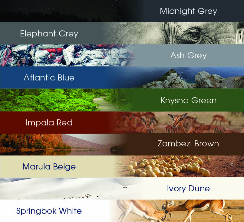 Horizontal color swatches labeled with names (Midnight Grey, Elephant Grey, Ash Grey, Atlantic Blue, Knysna Green, Impala Red, Zambezi Brown, Marula Beige, Ivory Dune, Springbok White).